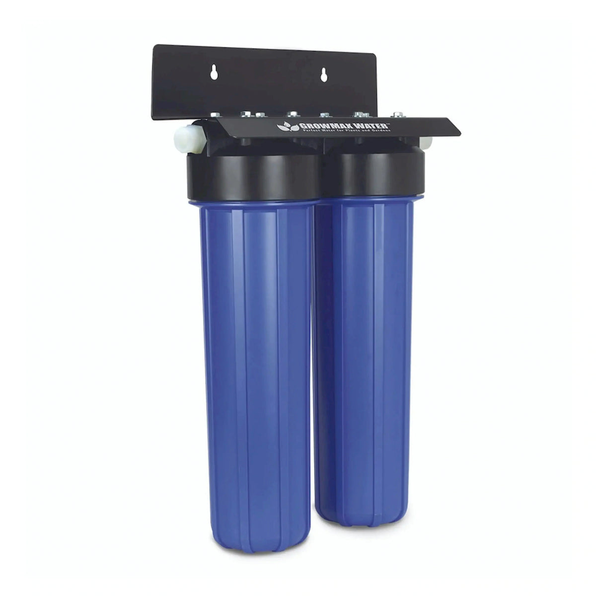 Blue dual filter canisters with black mounting plate and side inlet connections
