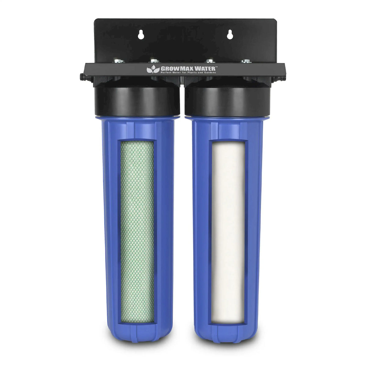 Two blue filter canisters with perforated media and black top manifold