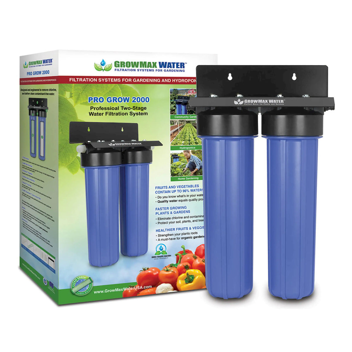 Garden water filtration system with two blue canister filters and black manifold top