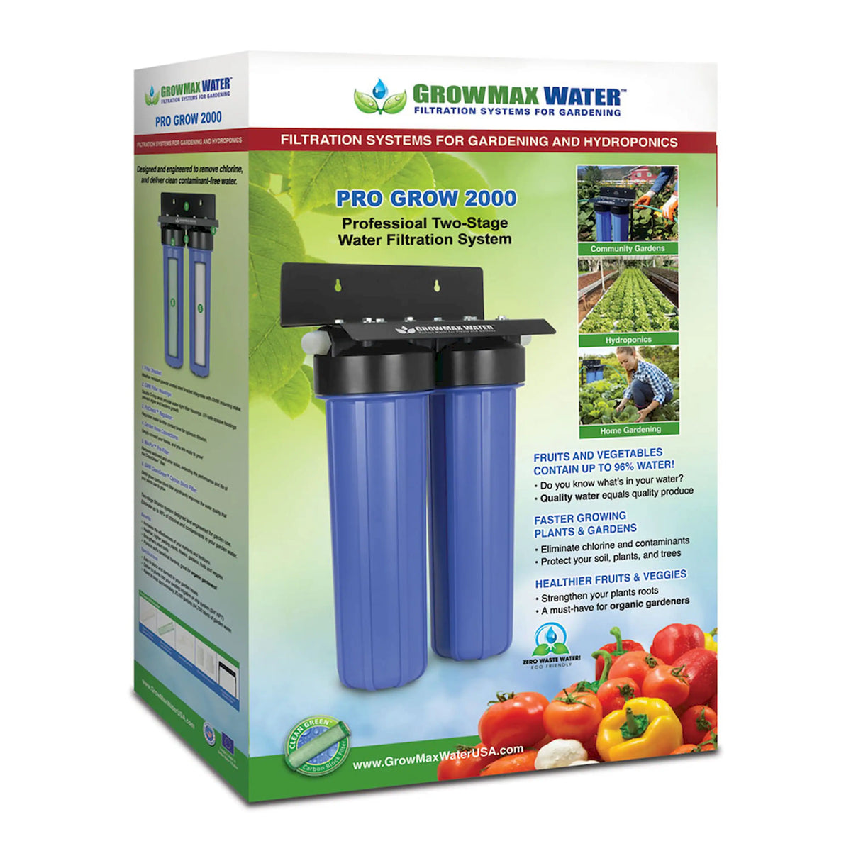 Garden water filtration system kit packaging with two blue filter canisters