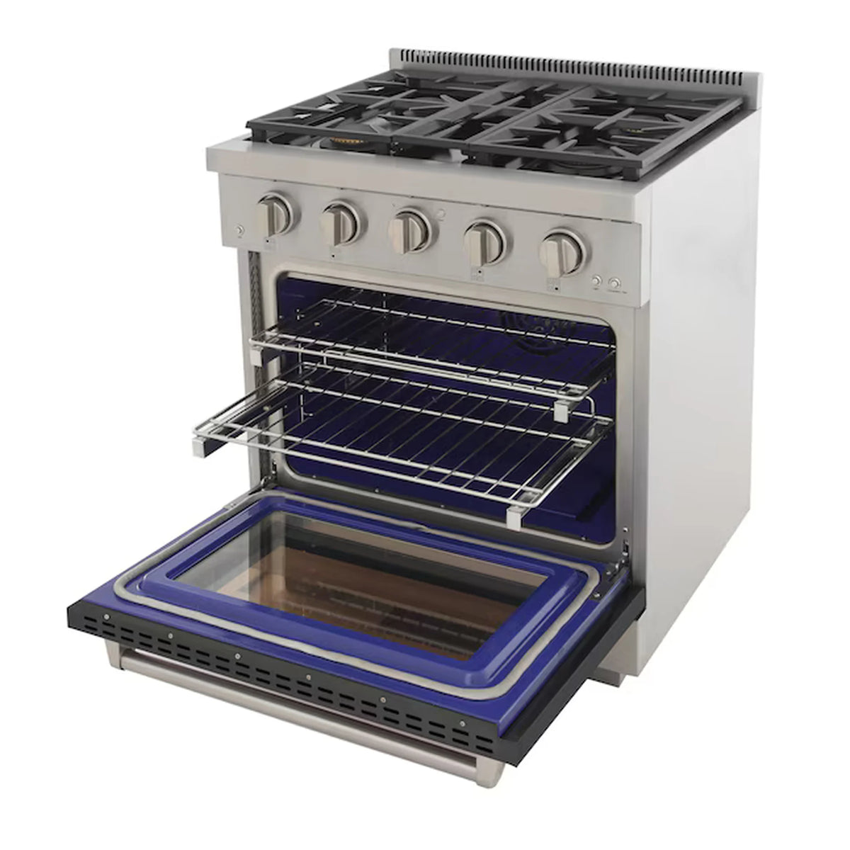 Gas range with open oven door, chrome racks, blue bottom pan and control knobs