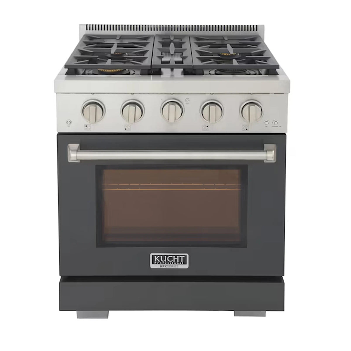 Cement gray gas range with top grates, control knobs, and closed oven door