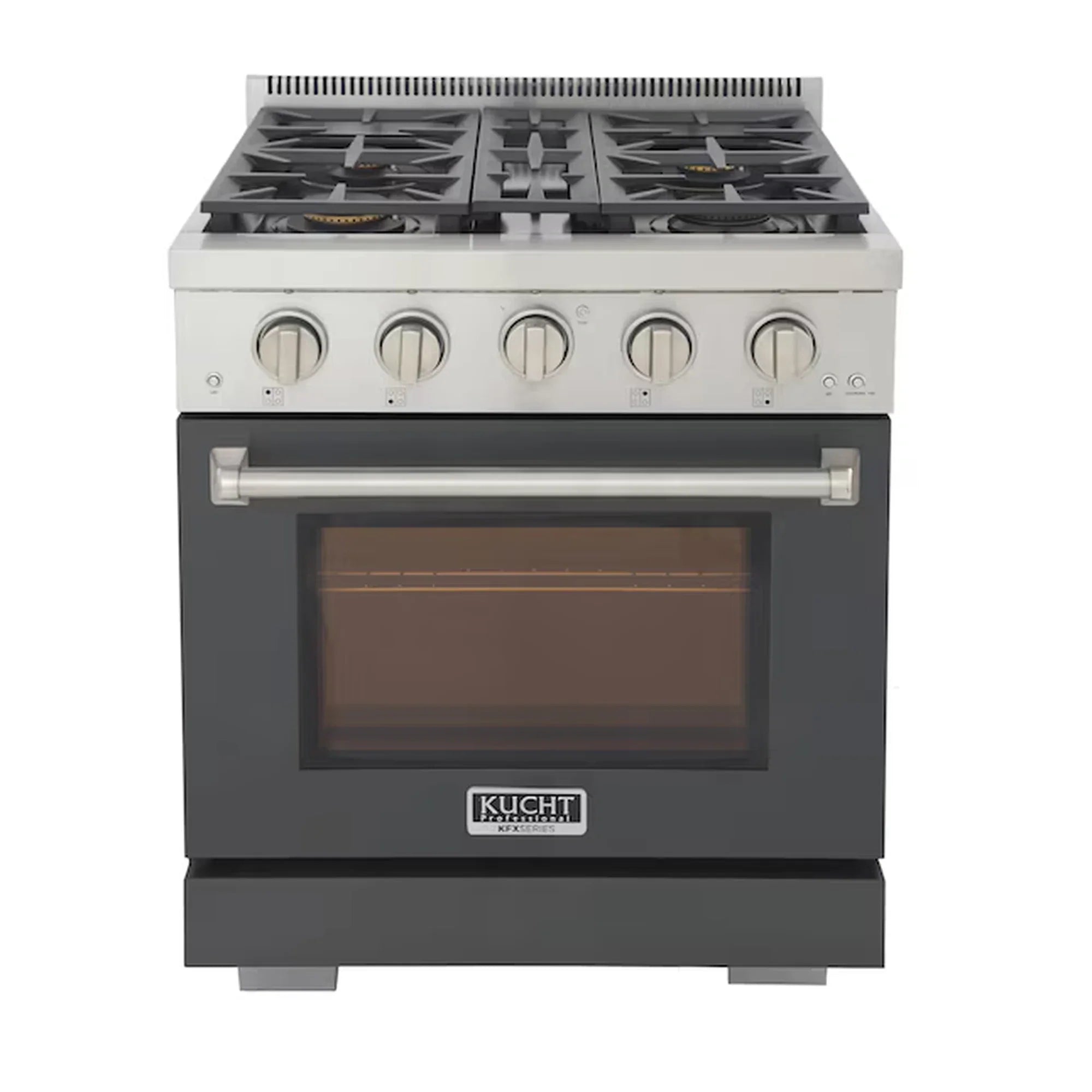 Propane gas range with cement gray body, silver knobs, and glass oven door