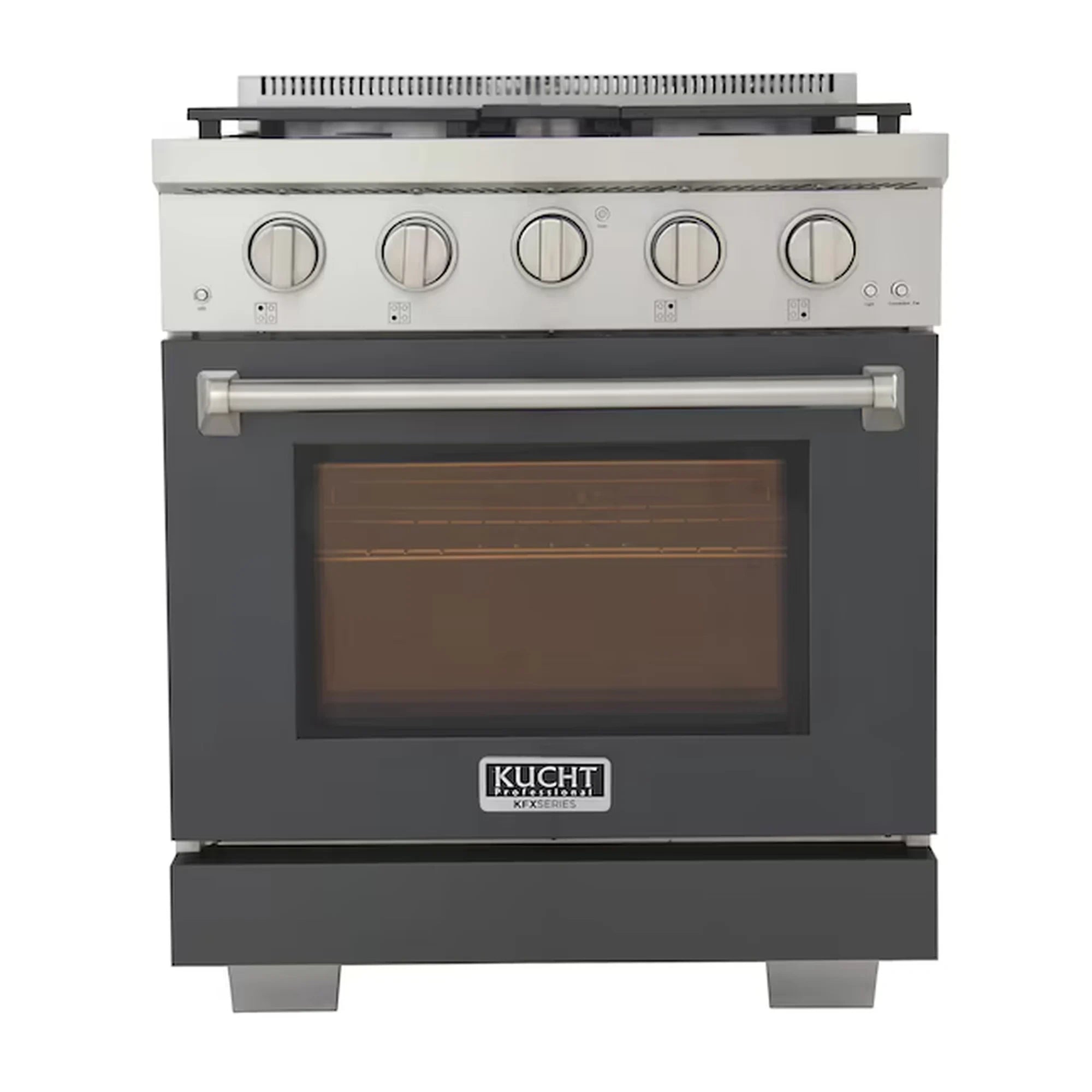 Cement gray gas range front with five knobs, oven handle, and oven window
