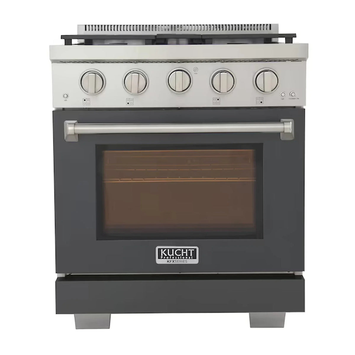 Propane gas range front view with silver oven handle, five control knobs, and glass door