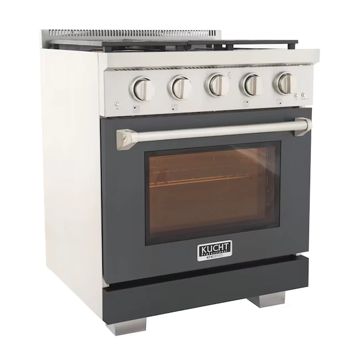 Cement gray gas range front view with oven window and stainless control knobs