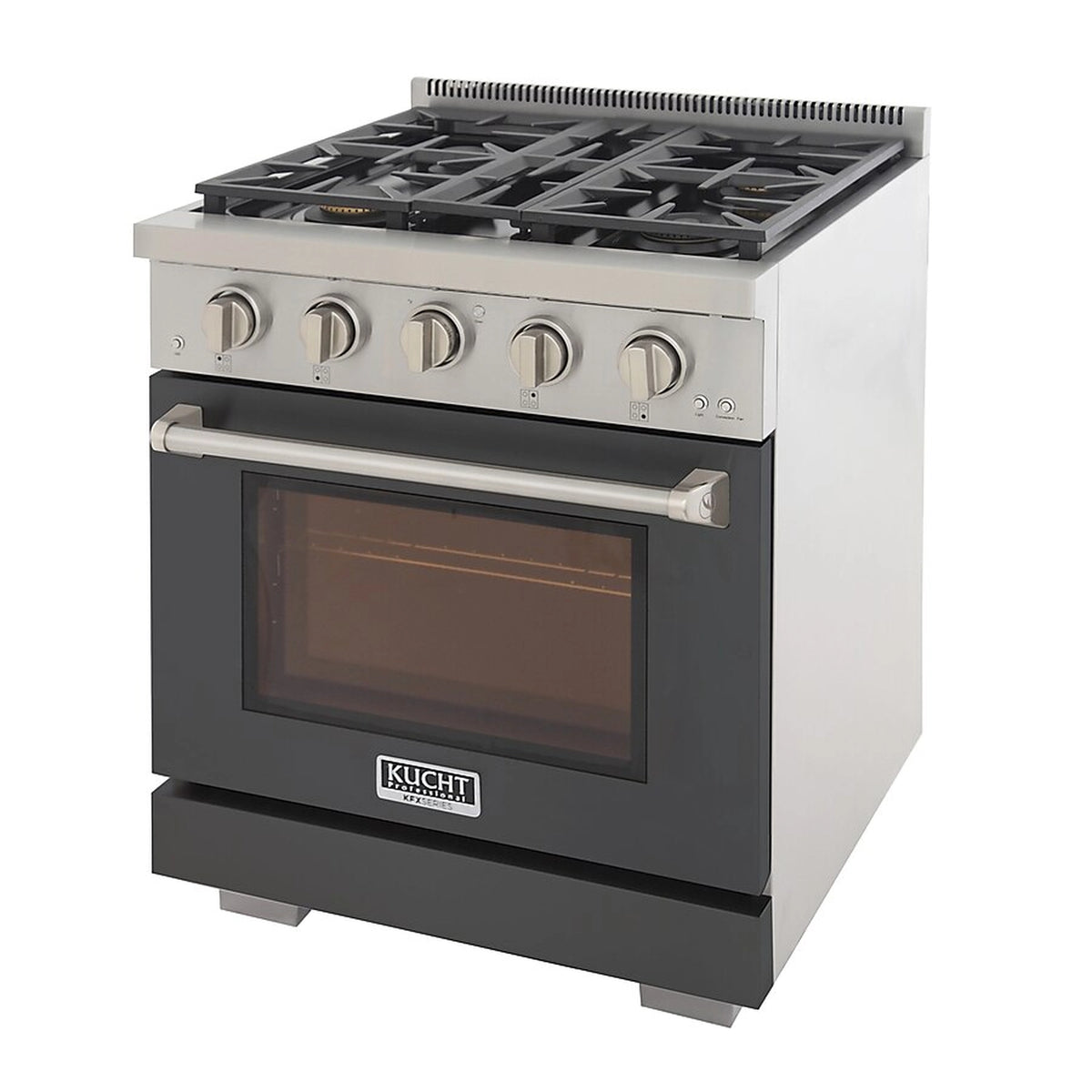 Cement gray gas range with oven window and control knobs, cast burner grates on top