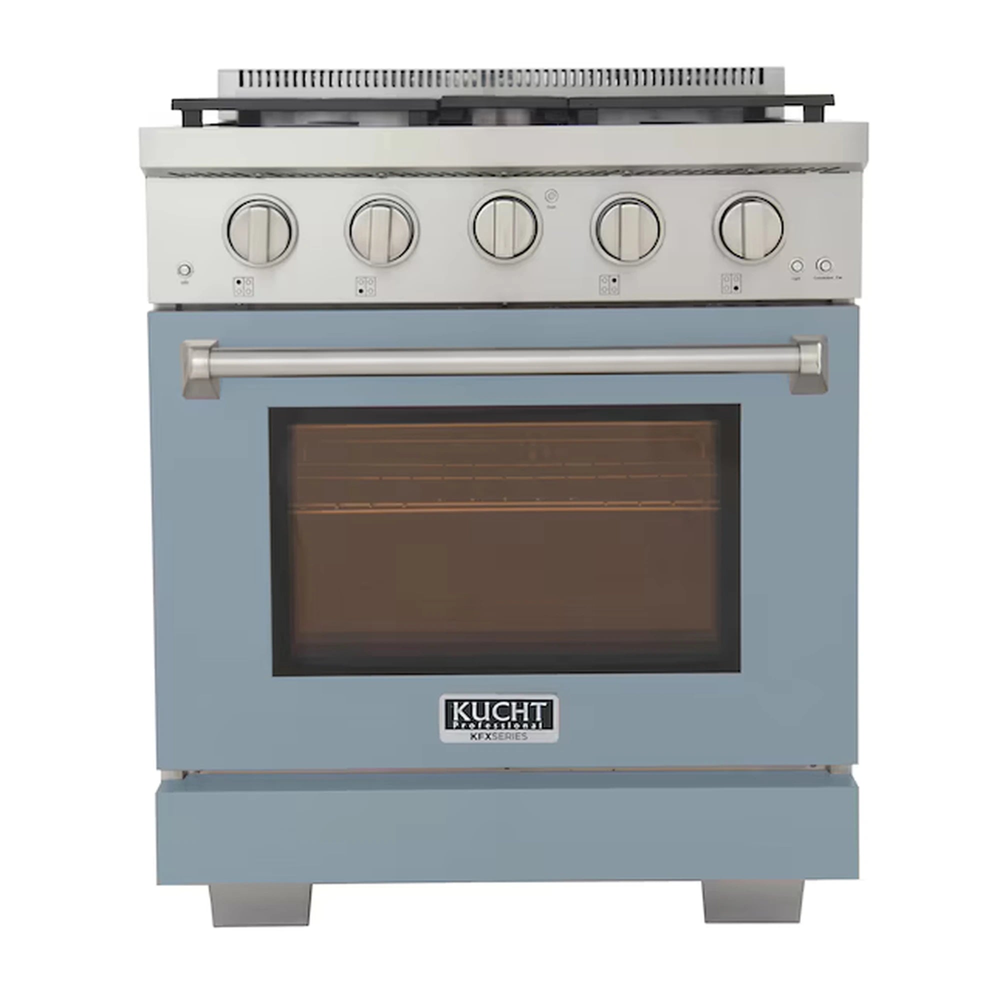 Light blue gas range with silver control knobs and glass oven door window