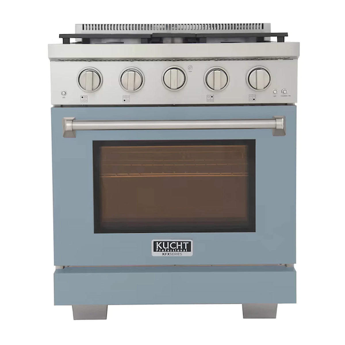 Front view light blue propane gas range with silver oven handle and controls