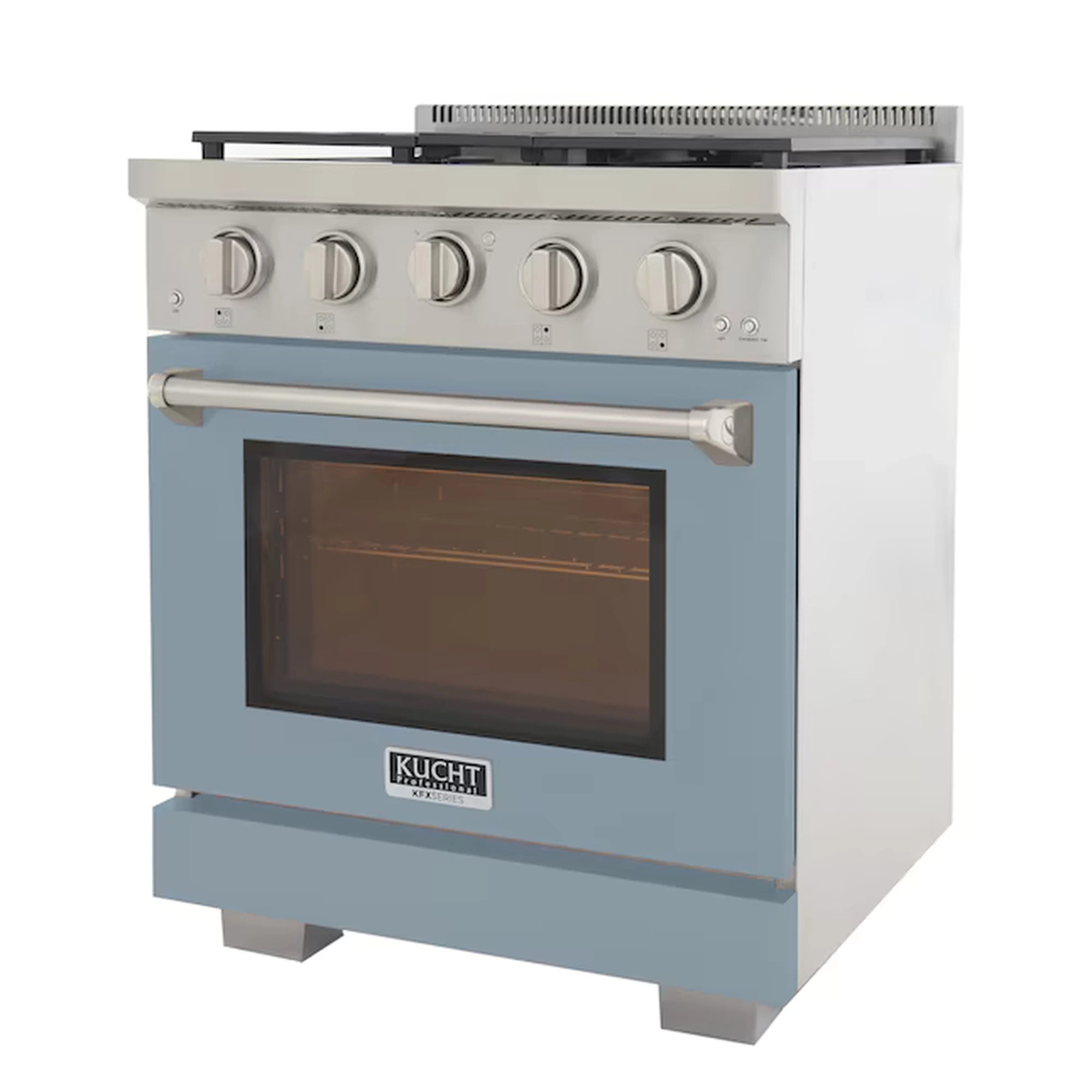 Light blue gas range front with silver control panel, handle, and oven window