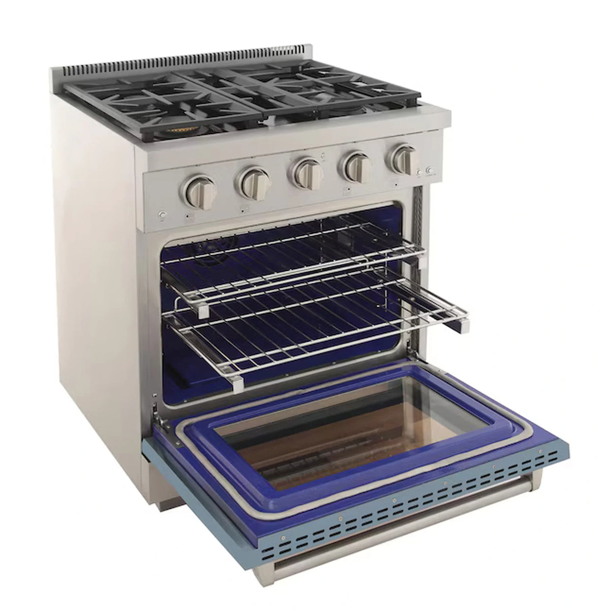 Light blue propane gas range with open oven cavity and blue door frame