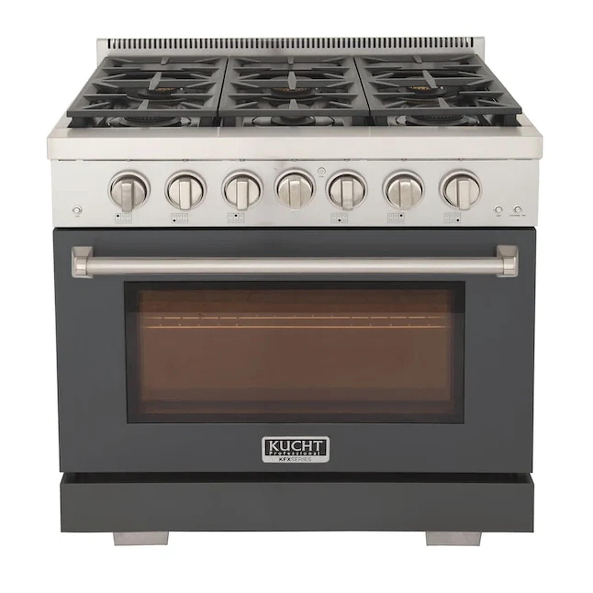 Gray gas range front with six burner knobs and oven viewing window