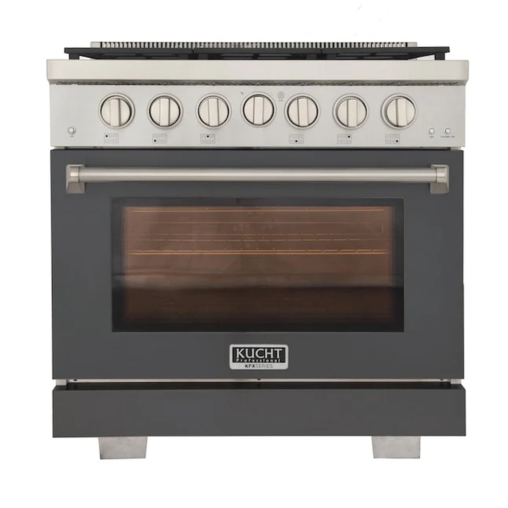 Gray gas range oven door with handle and Kucht logo on panel
