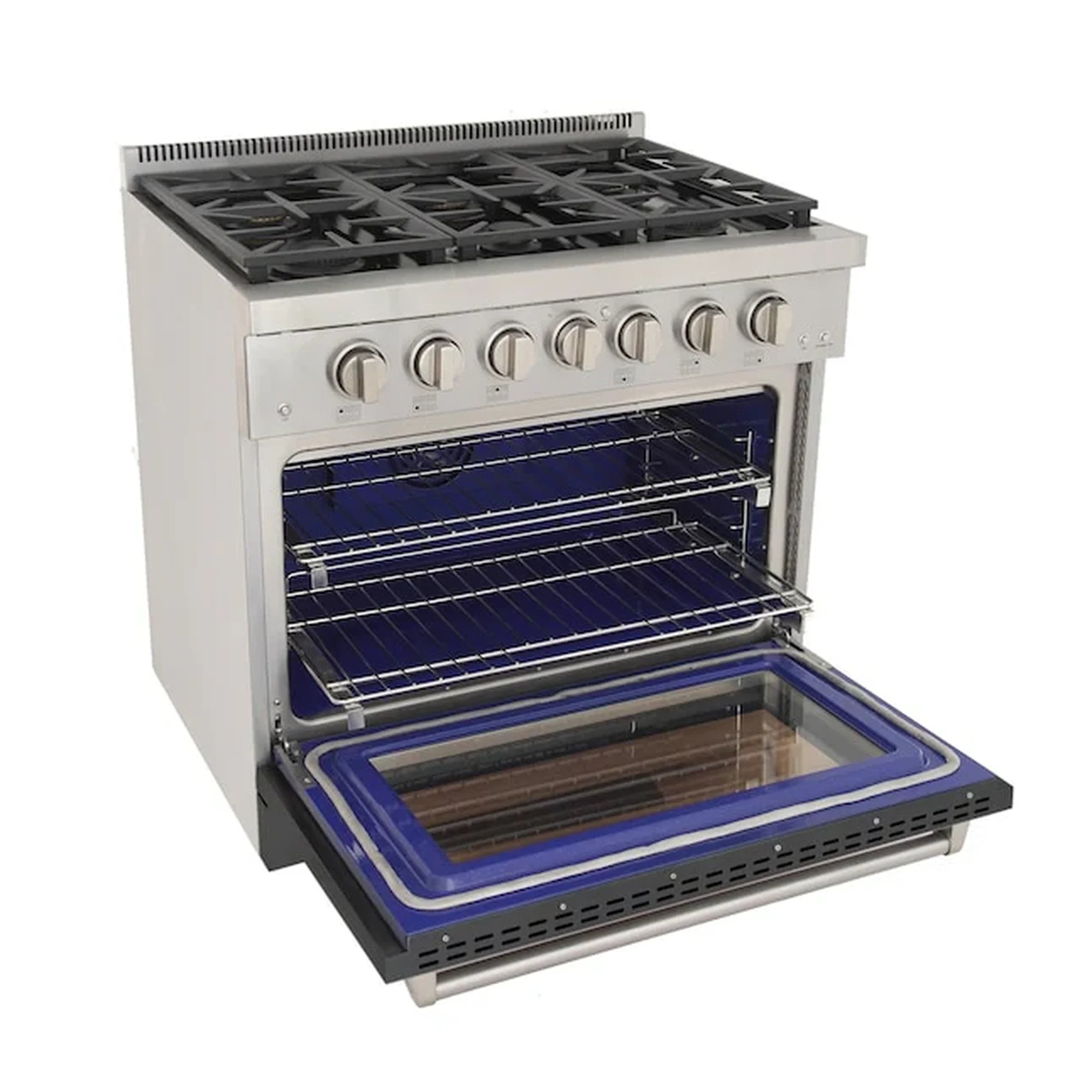 Gray gas range with open oven door showing blue interior