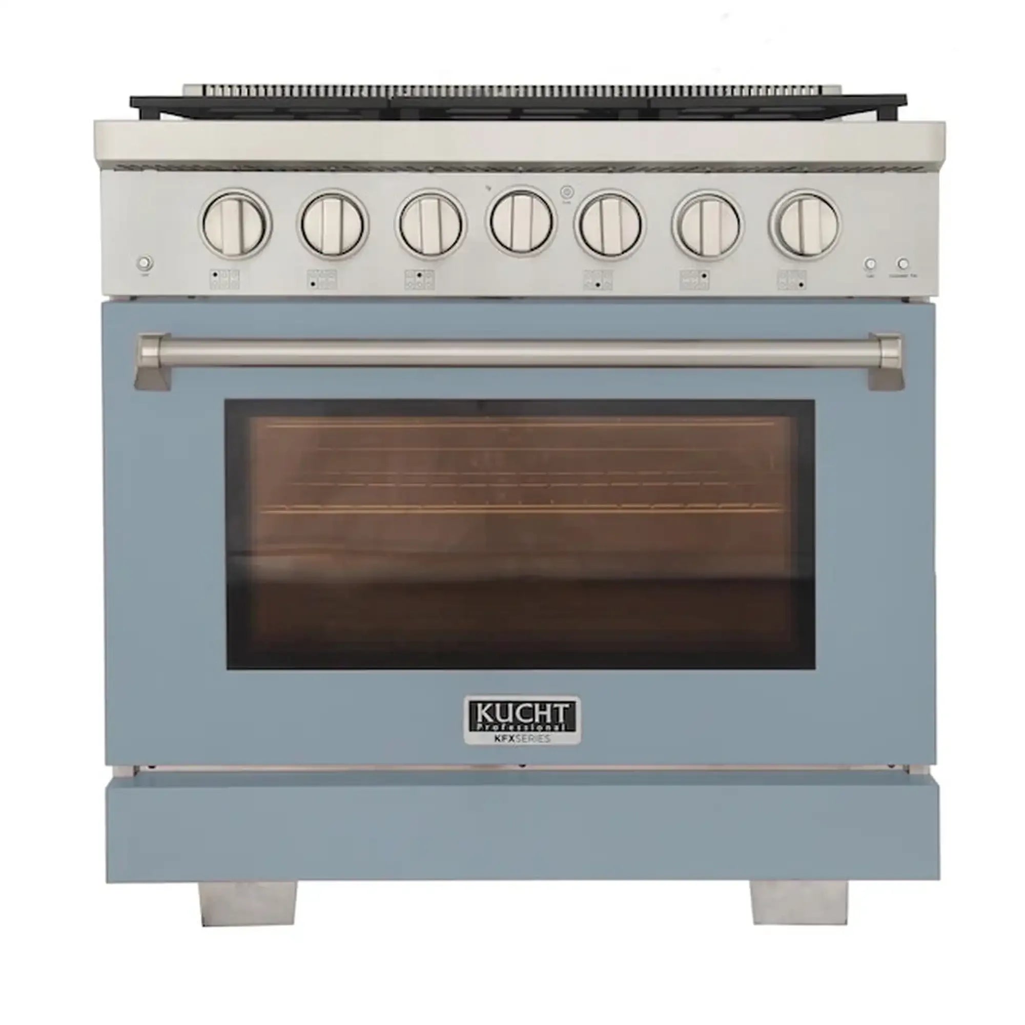Light blue gas range with silver trim, oven window, and control knobs