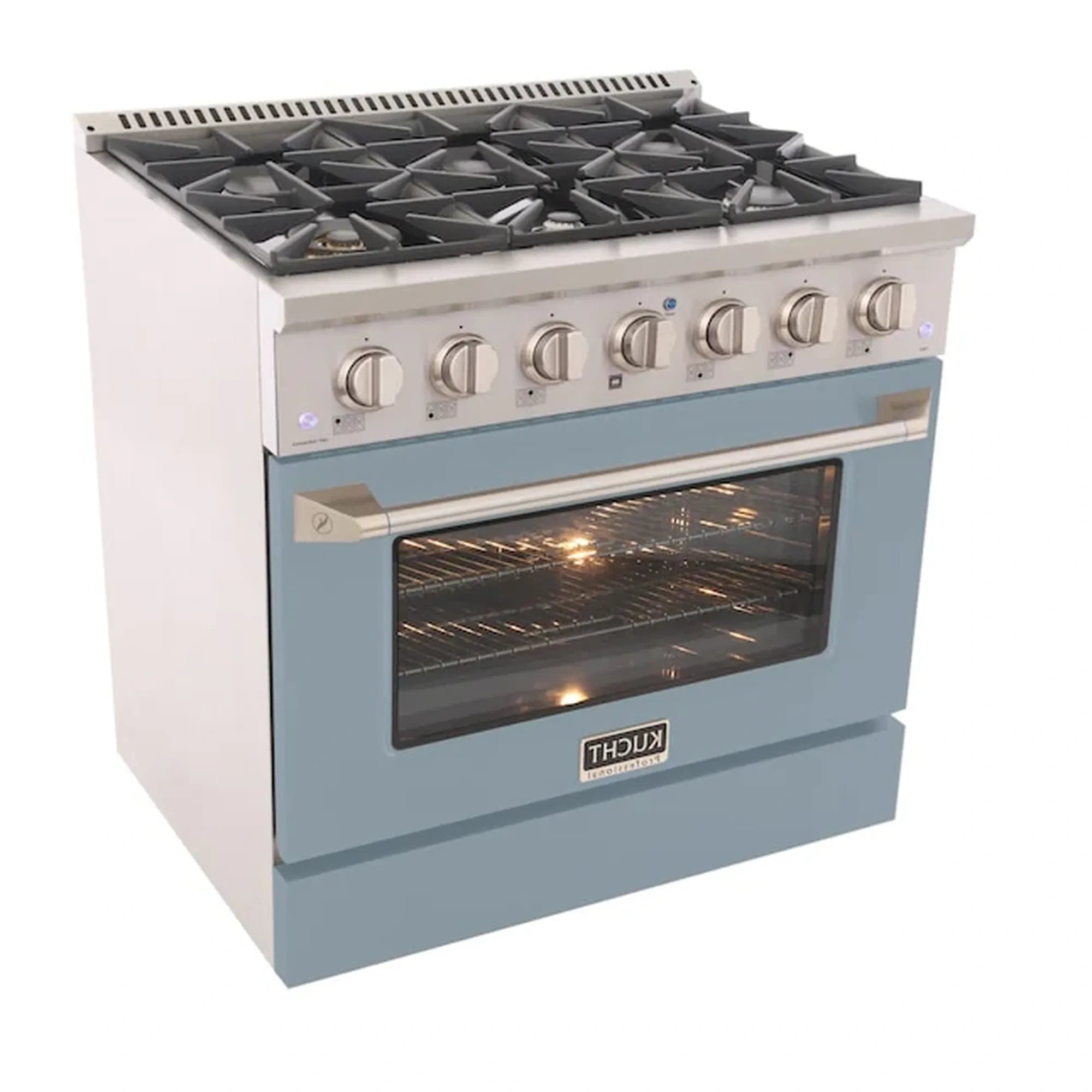 Light blue gas range with open oven door, stainless grates, and silver control panel