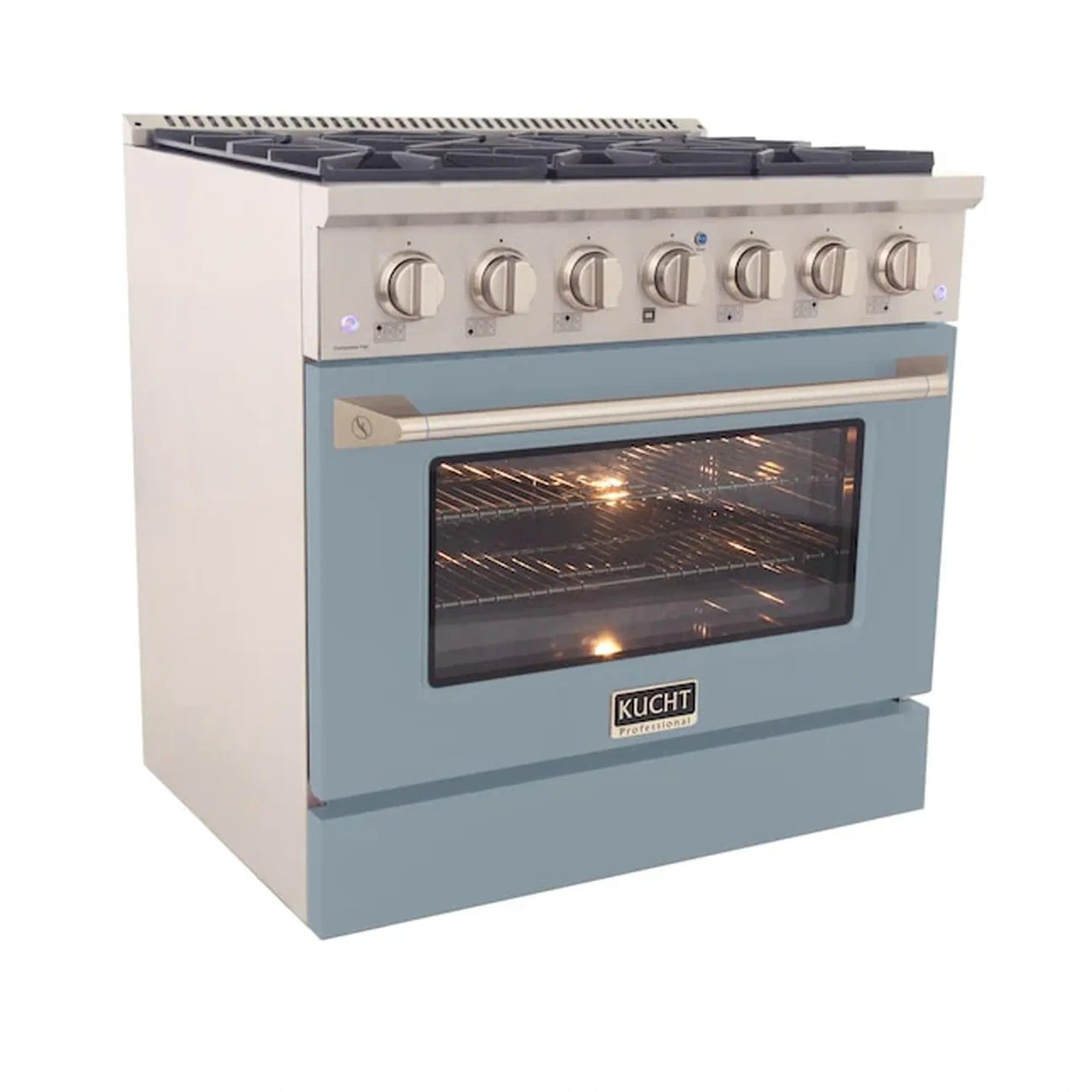 Light blue 36-inch gas range with silver knobs and lit oven window