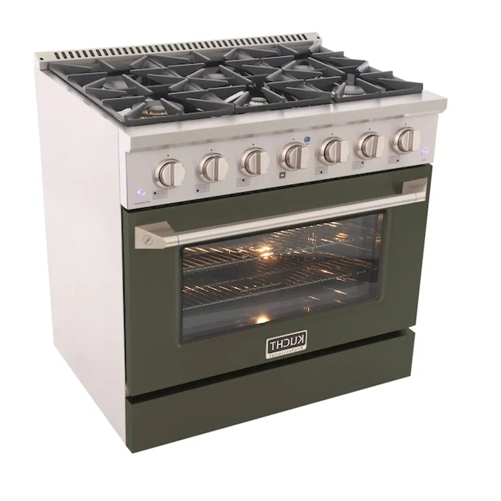 Olive green Kucht gas range with silver knobs and glass oven door