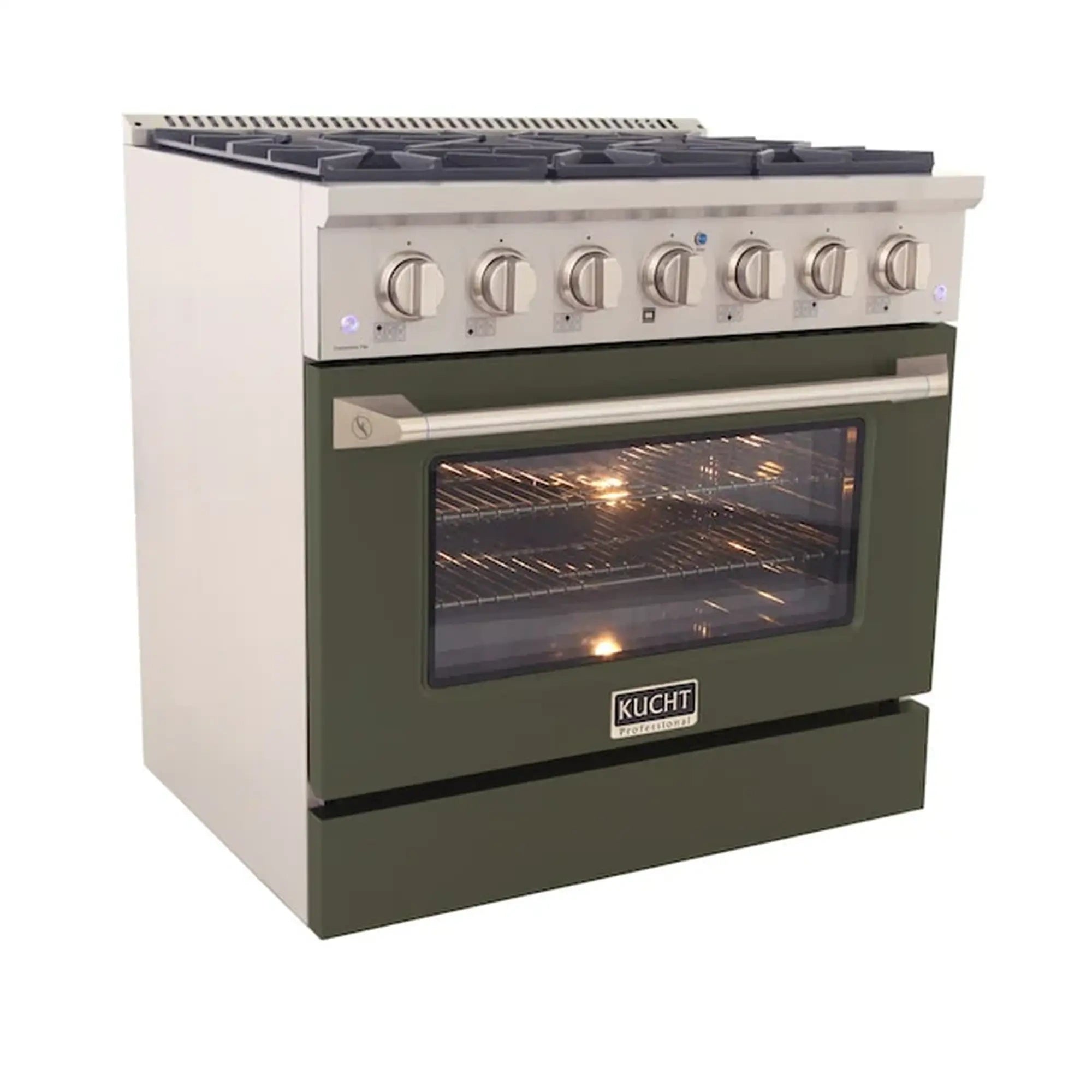 Olive green Kucht gas range with silver knobs and glass oven window