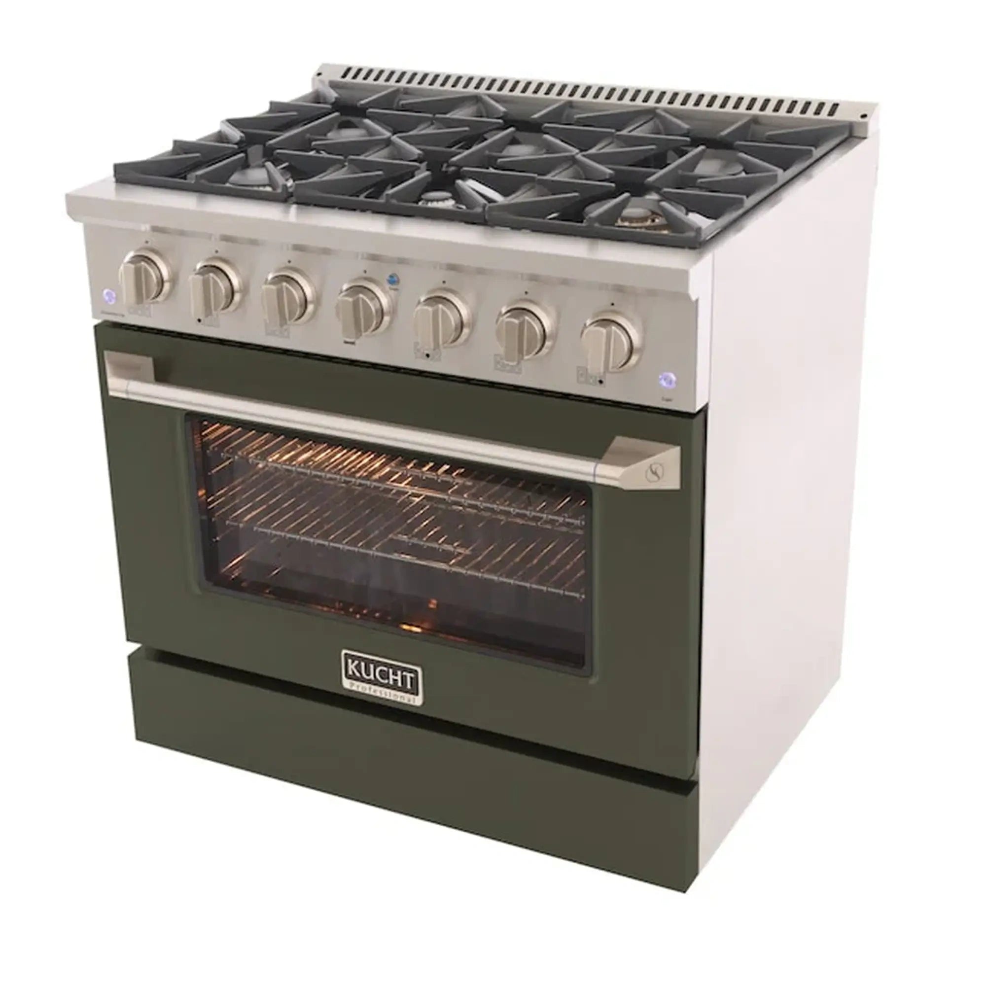 Olive green Kucht gas range with lit oven window and burner grates