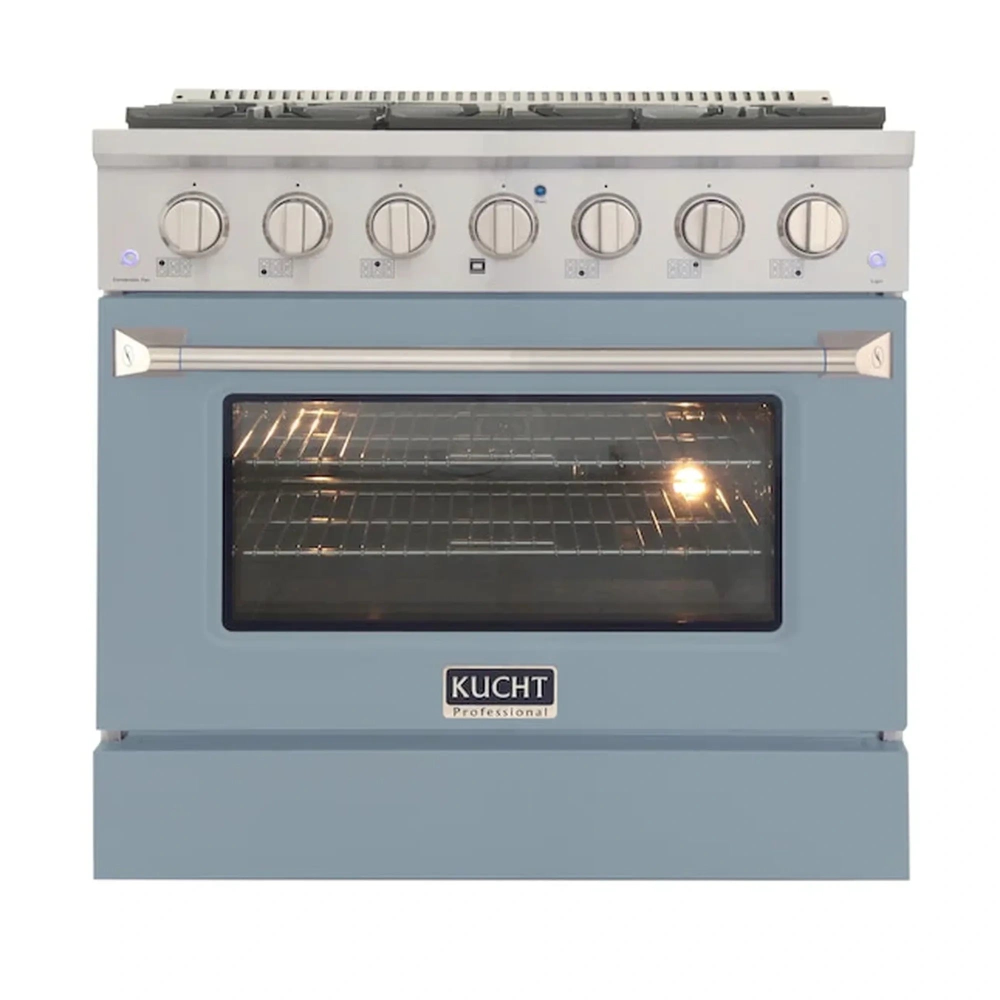 Light blue 36-inch gas range with silver control knobs and lit oven door