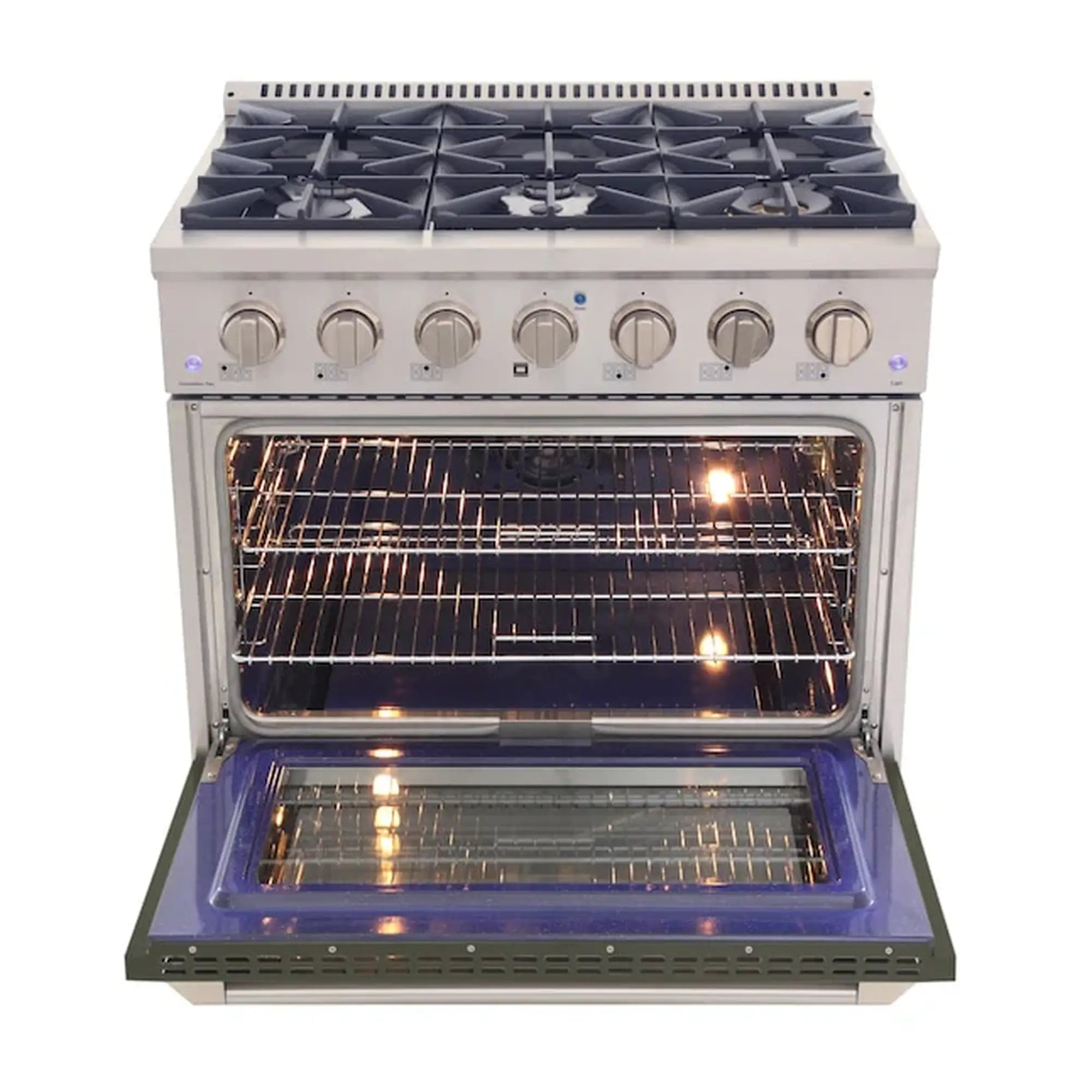 36-inch gas range with open oven and five burners, silver front and control knobs
