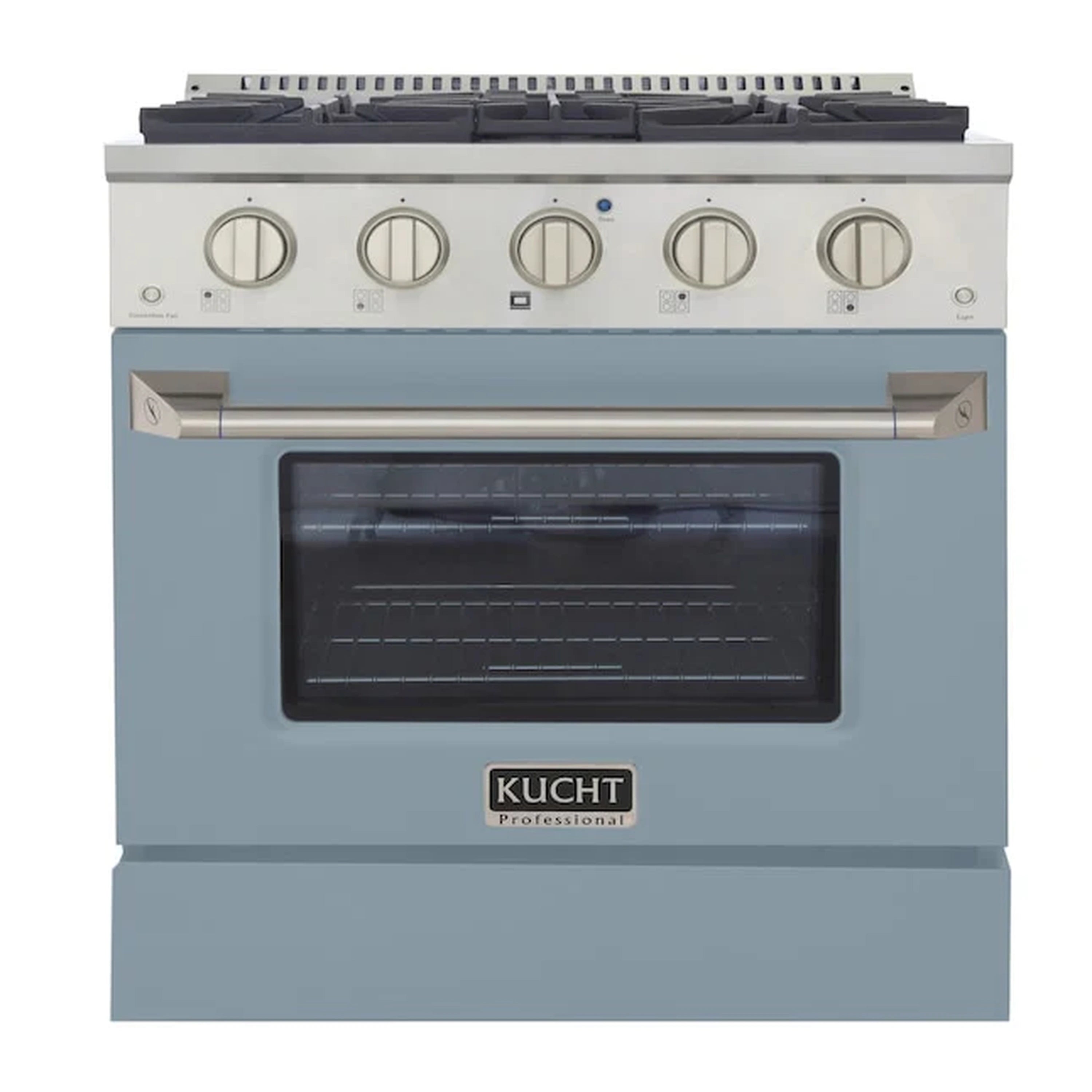 Light blue dual fuel range with front control knobs and glass oven door