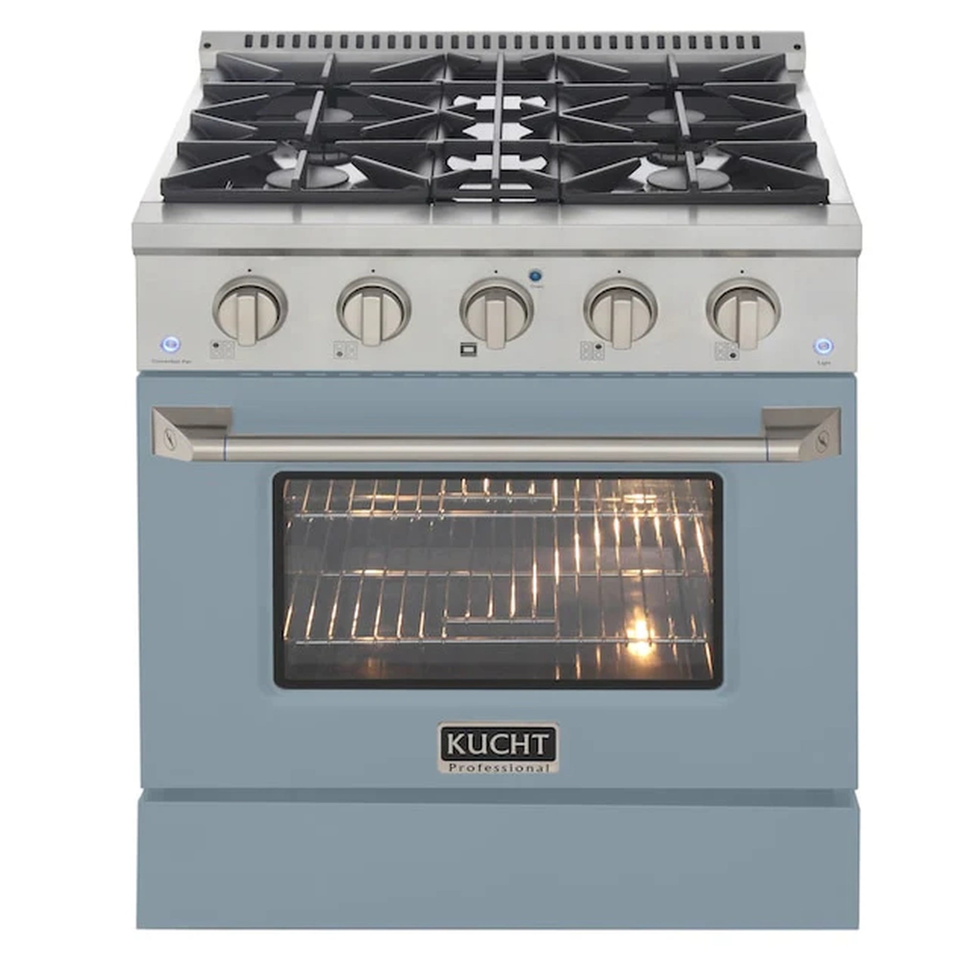 Light blue dual fuel range with lit oven and control knobs above oven window