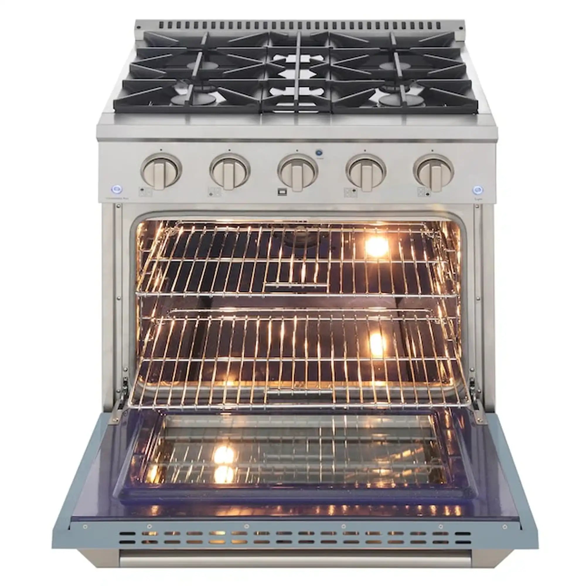 Light blue dual fuel range oven with fully open door and glowing interior