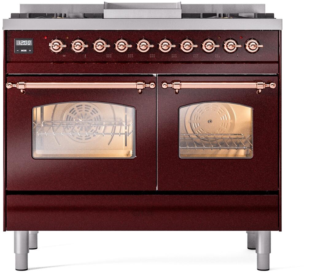 Burgundy dual-fuel freestanding range with copper-trim knobs and two oven windows