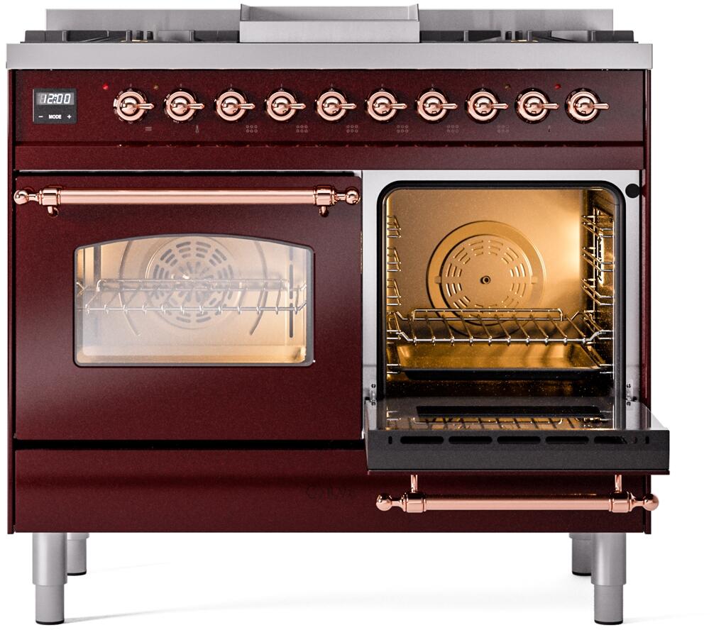 Burgundy dual fuel range with copper handle and right oven door open