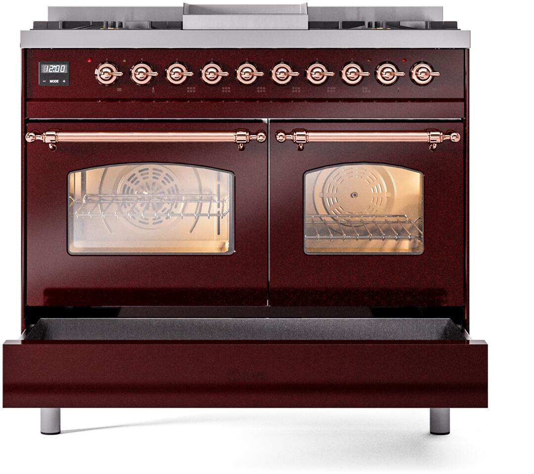 Burgundy dual fuel range with copper trim and two closed oven windows