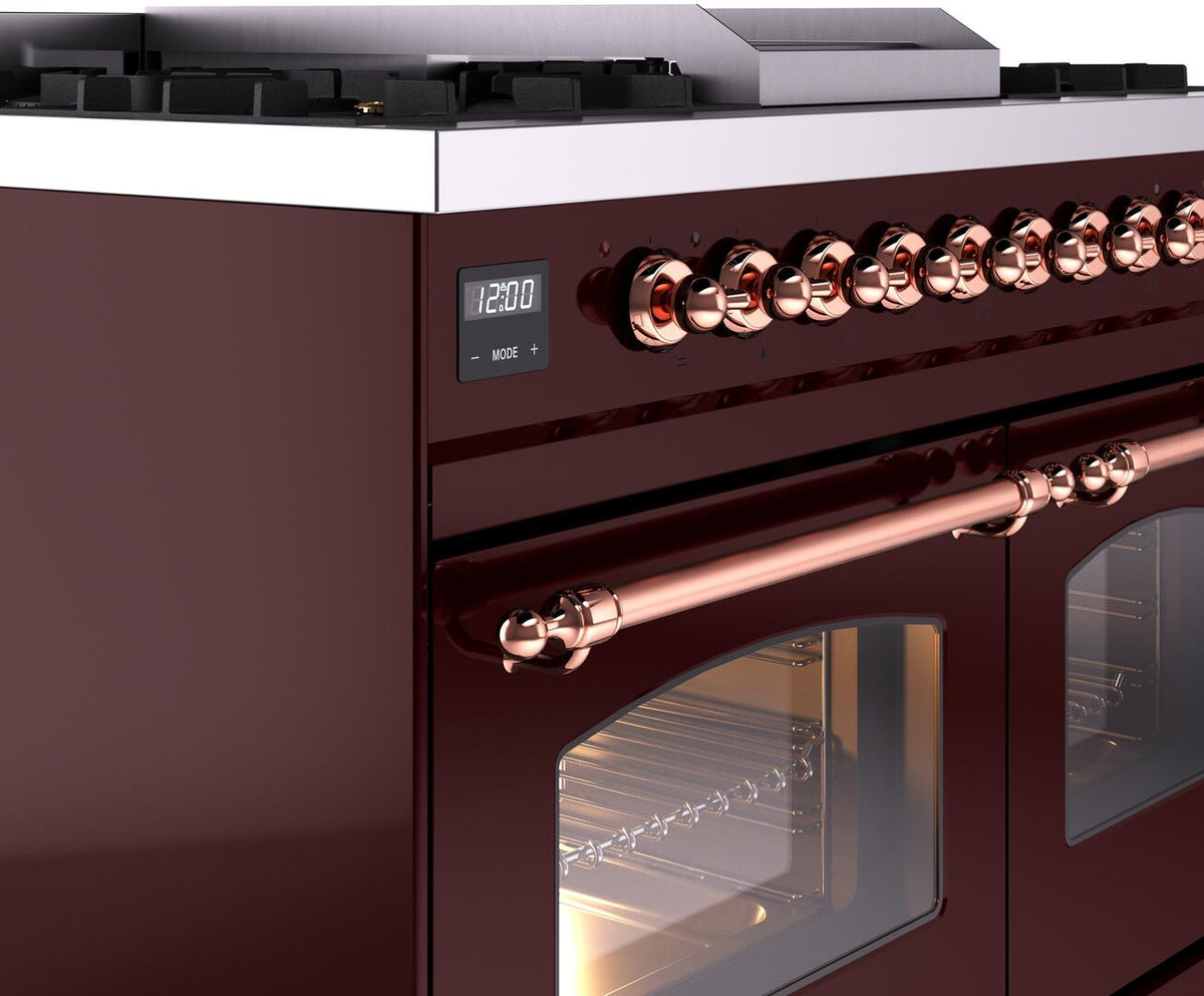 Burgundy range control panel with copper knobs and a glowing digital display