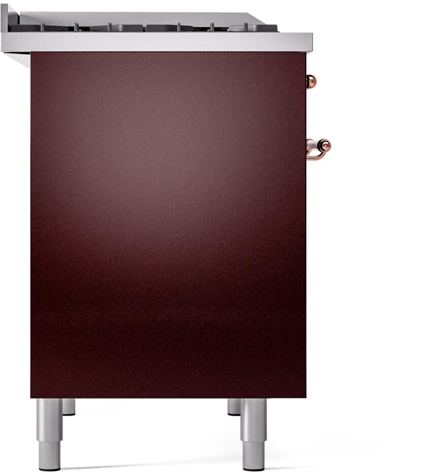 Burgundy freestanding range side panel with chrome feet and copper knob