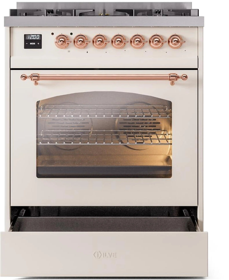 ILVE Nostalgie II 30-Inch Dual Fuel Freestanding Range in Antique White with Copper Trim (UP30NMPAWP)