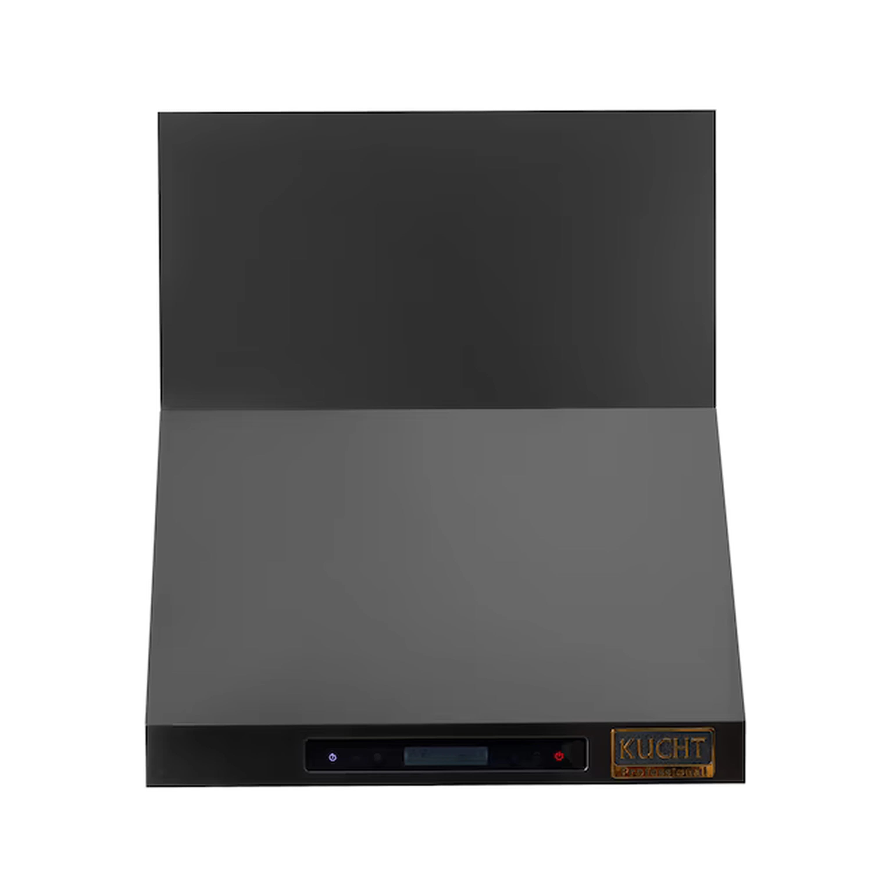Dark titanium ducted wall mount range hood with front display, buttons, and Kucht logo