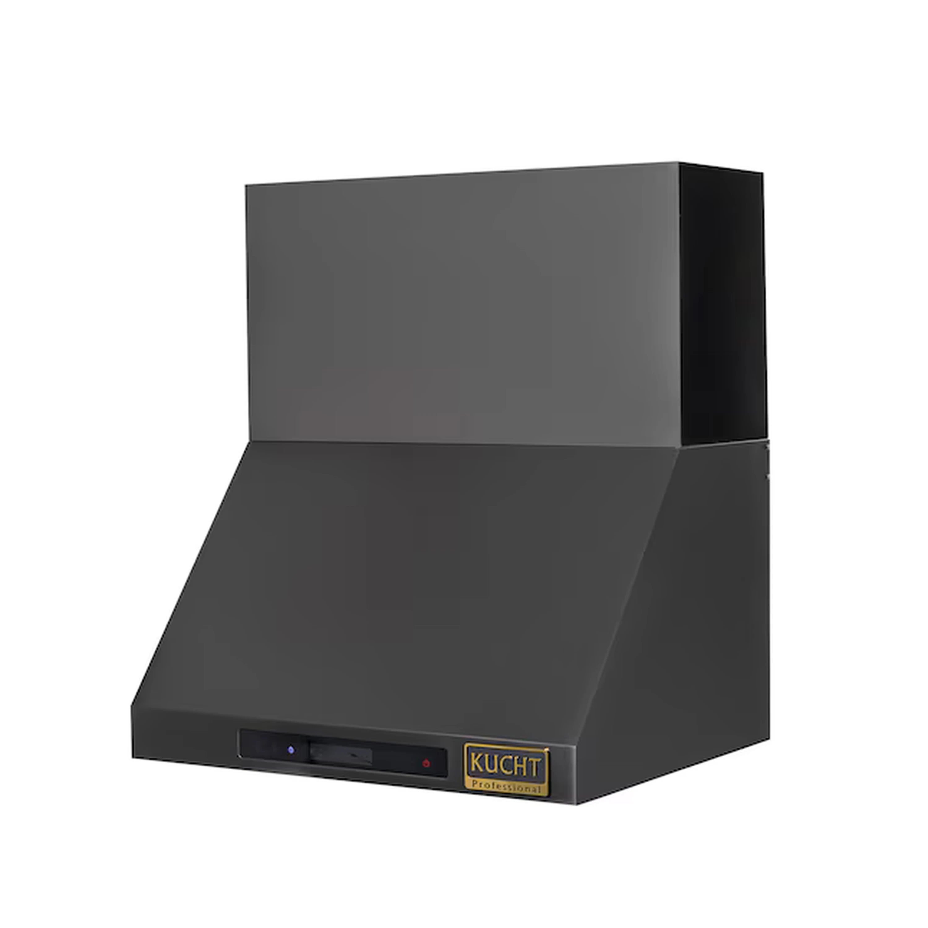 Dark titanium ducted wall mount range hood with control panel and angled chimney