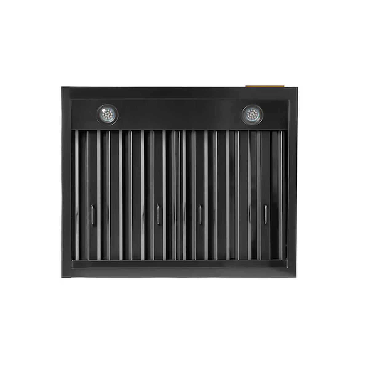 Dark titanium ducted wall mount range hood with baffle filters and two round lights