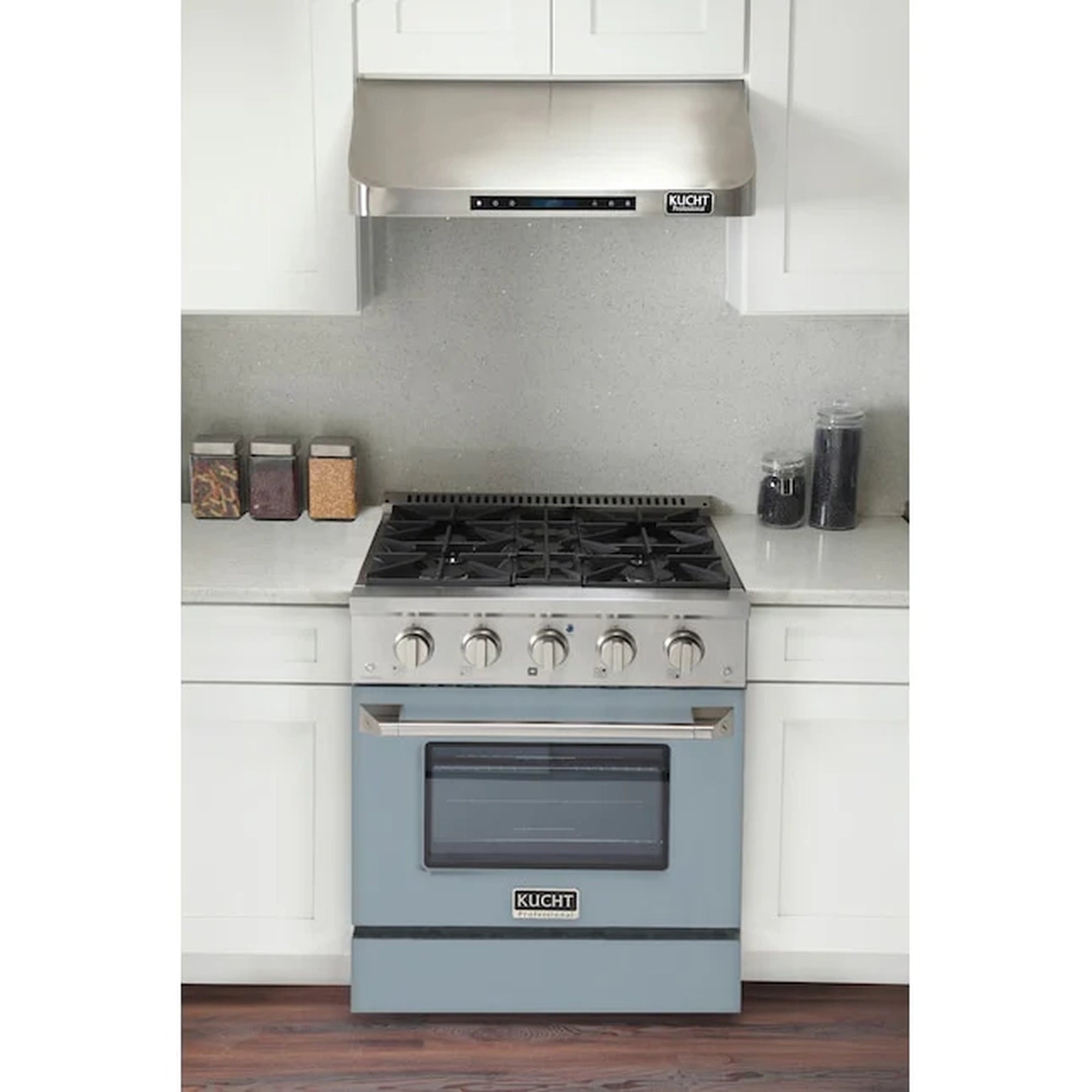 Light blue gas range with silver knobs and oven window, professional 30-inch style
