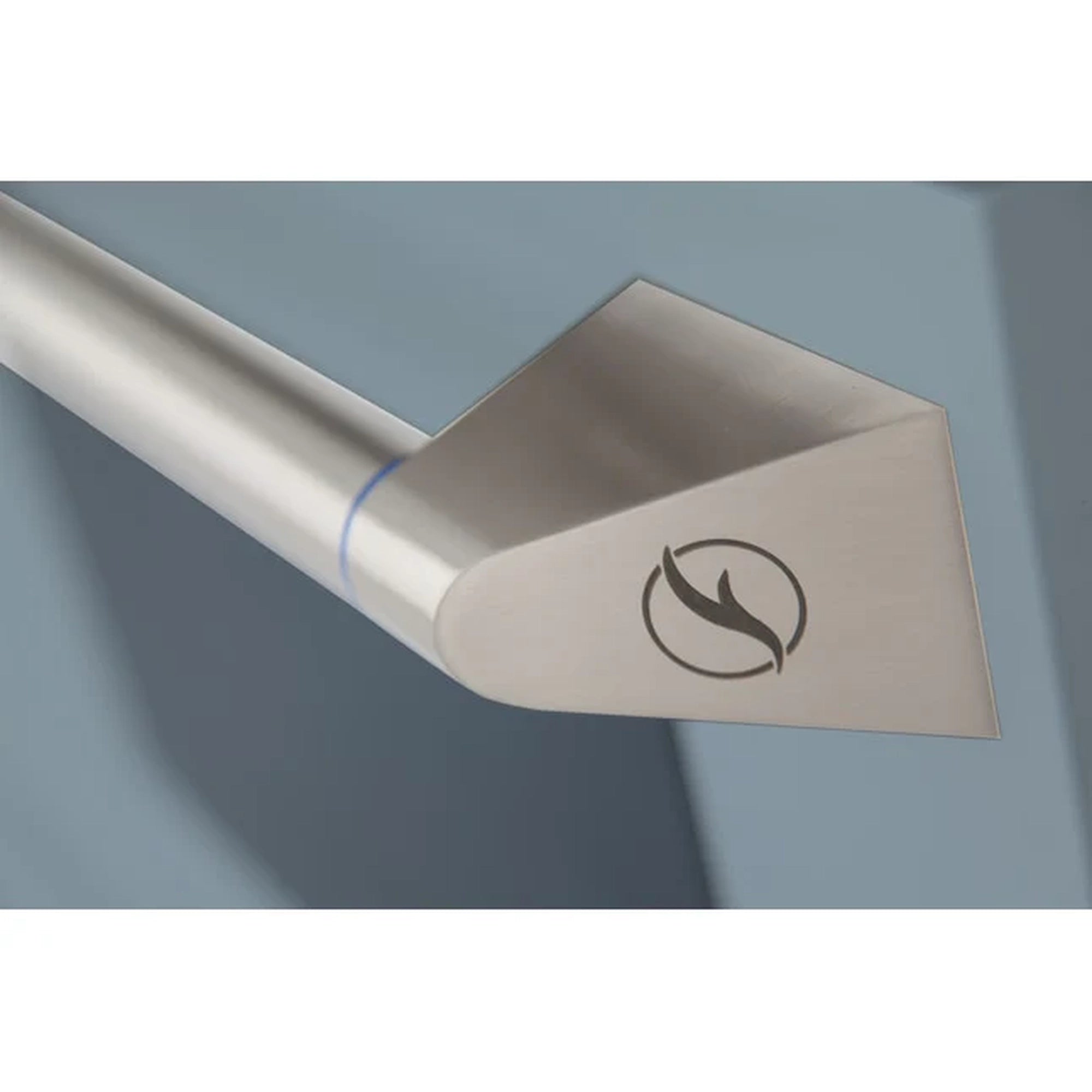 Stainless oven burner control lever with flame icon on light blue range
