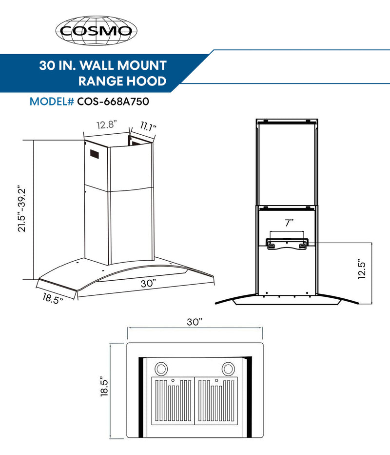 Cosmo 4-Piece Appliance Package - 30-Inch Dual Fuel Range, Wall Mount Range Hood, Dishwasher and Refrigerator in Stainless Steel (COS-4PKG-192)