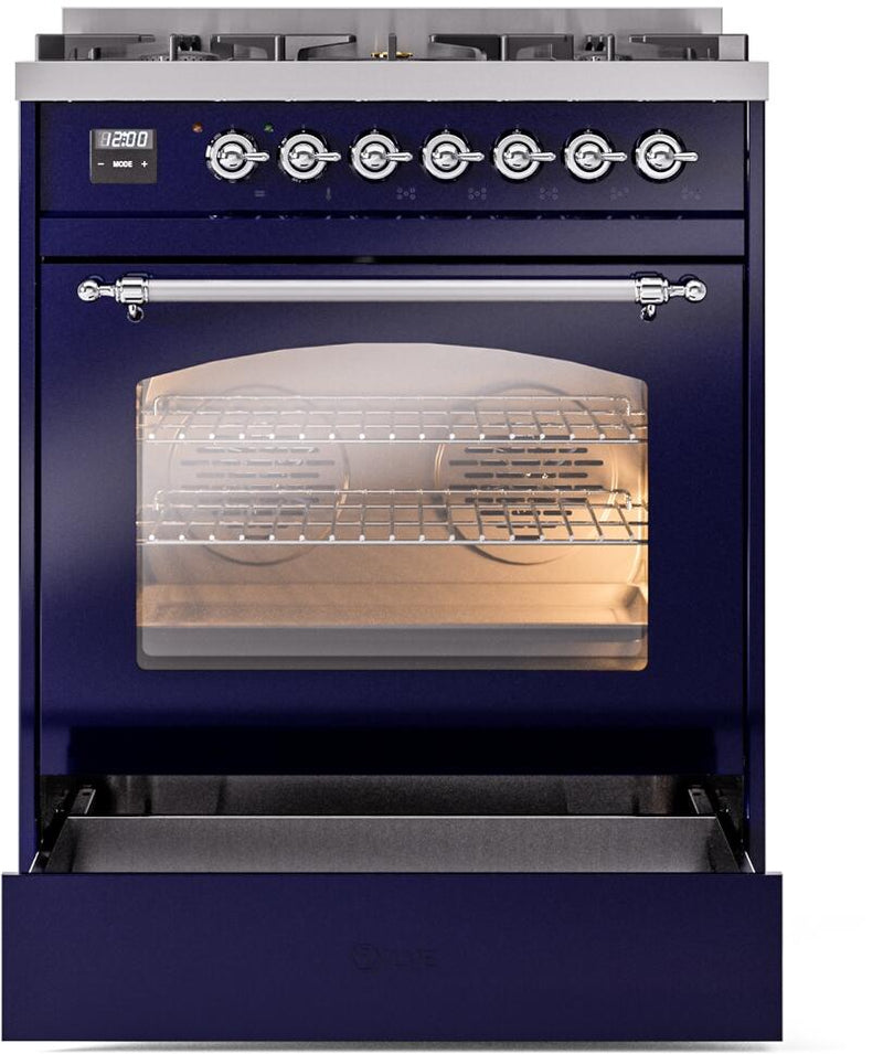 ILVE Nostalgie II 30-Inch Dual Fuel Freestanding Range in Midnight Blue with Chrome Trim (UP30NMPMBC)