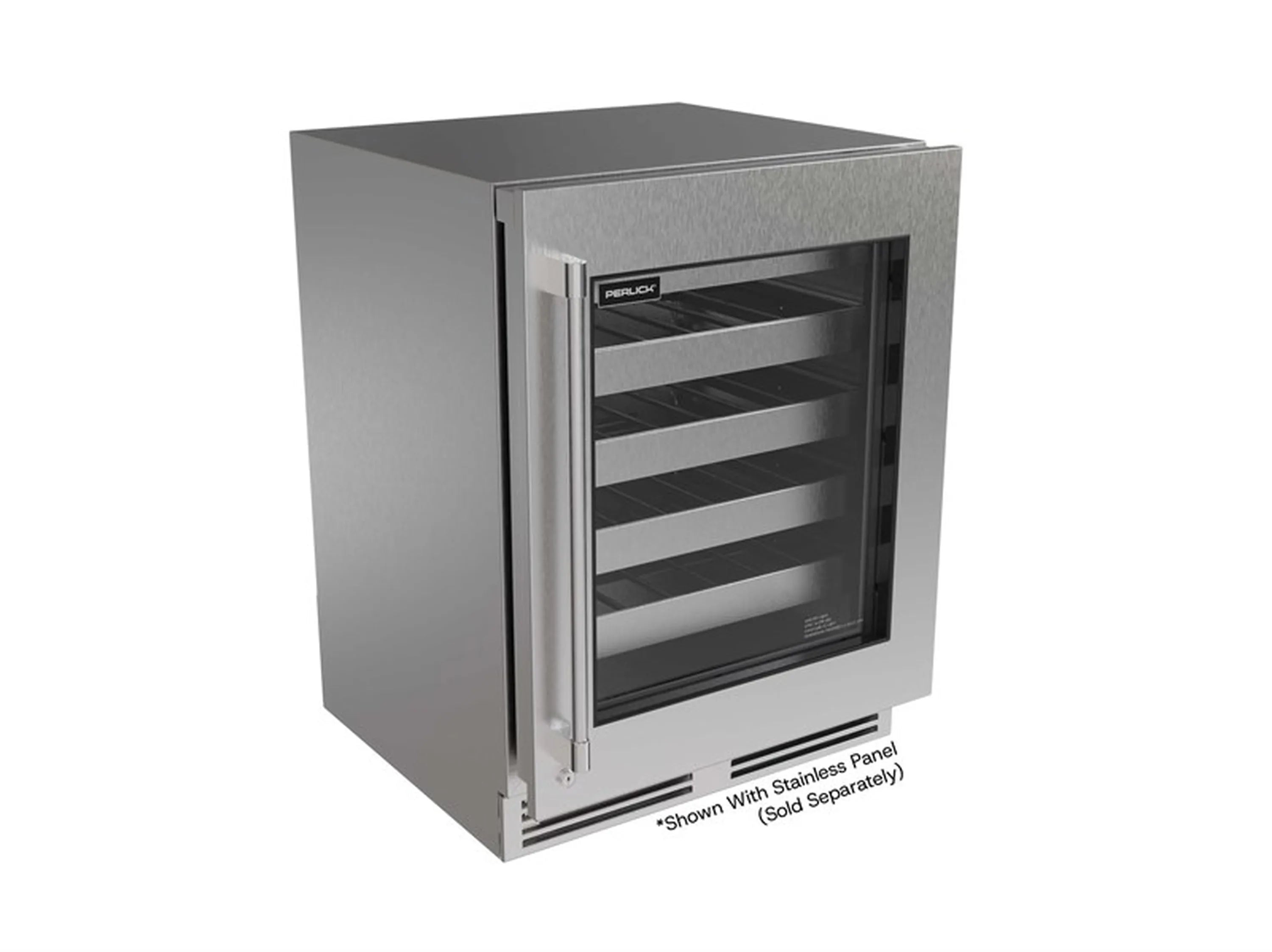 Undercounter wine cooler with stainless cabinet and black-framed glass door