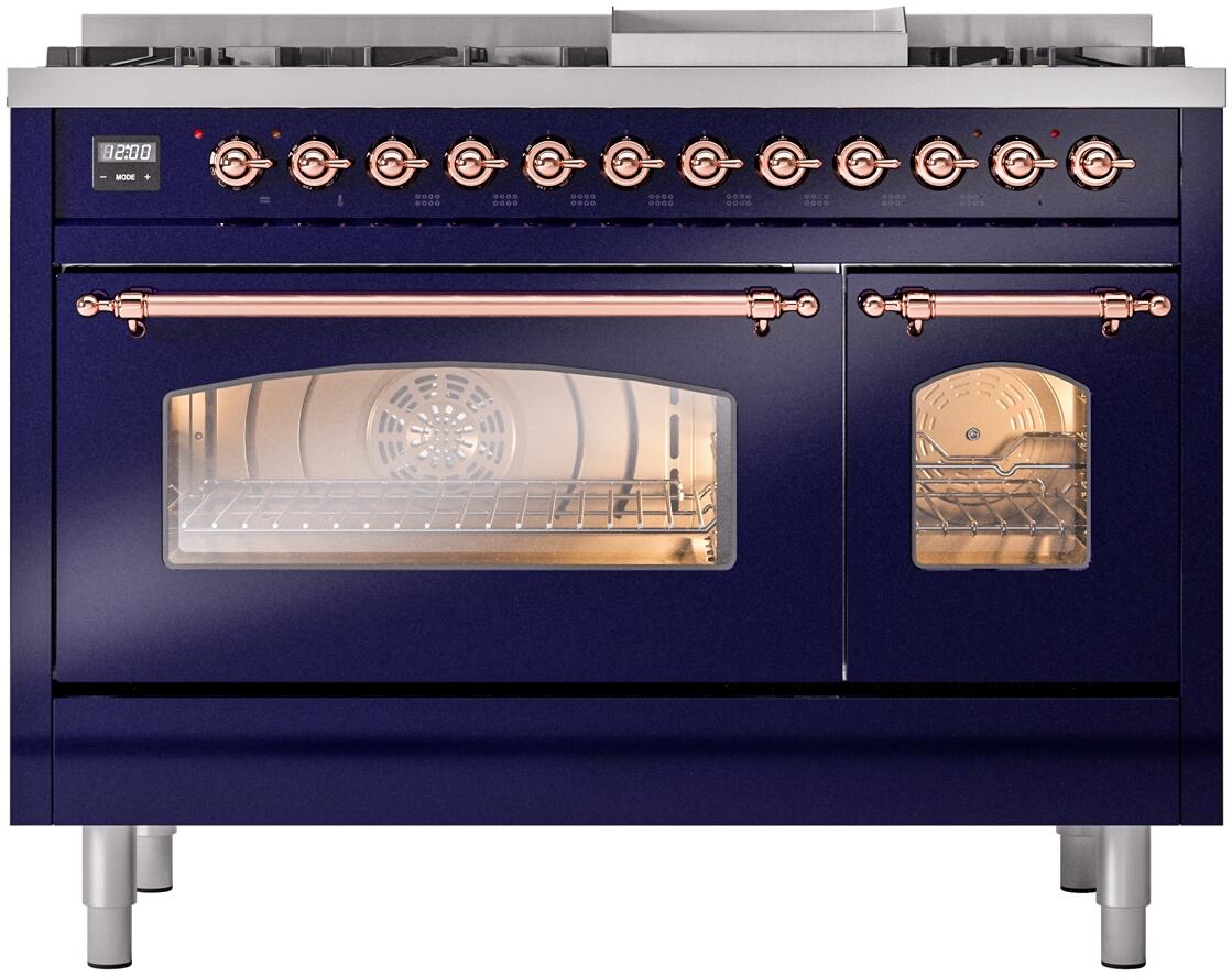 Midnight blue range with oven doors closed and copper-trimmed control knobs across top