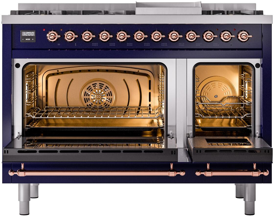 Midnight blue range with both oven compartments open and copper-trimmed handles