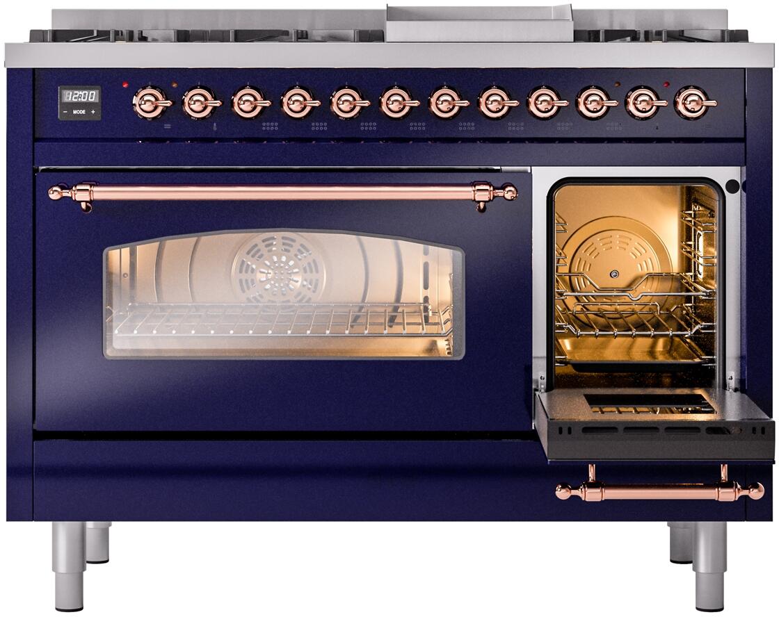 Range front with open oven compartments, lit interior, and copper-trim accents