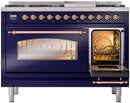 ILVE Nostalgie II 48-Inch Freestanding Natural Gas Dual Fuel Range in Midnight Blue with Copper Trim (UP48FNMPMBP)