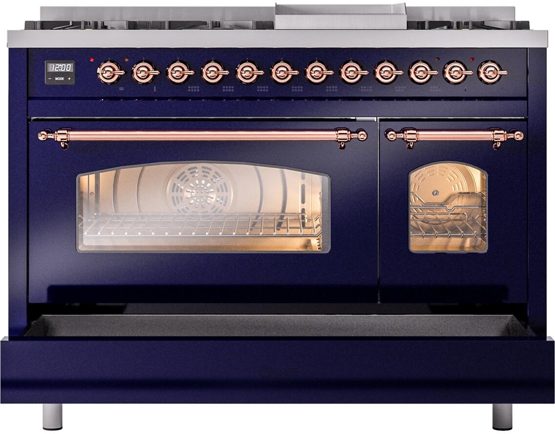 Midnight blue dual fuel range with open oven, visible racks, and copper front trim.