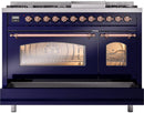 ILVE Nostalgie II 48-Inch Freestanding Natural Gas Dual Fuel Range in Midnight Blue with Copper Trim (UP48FNMPMBP)