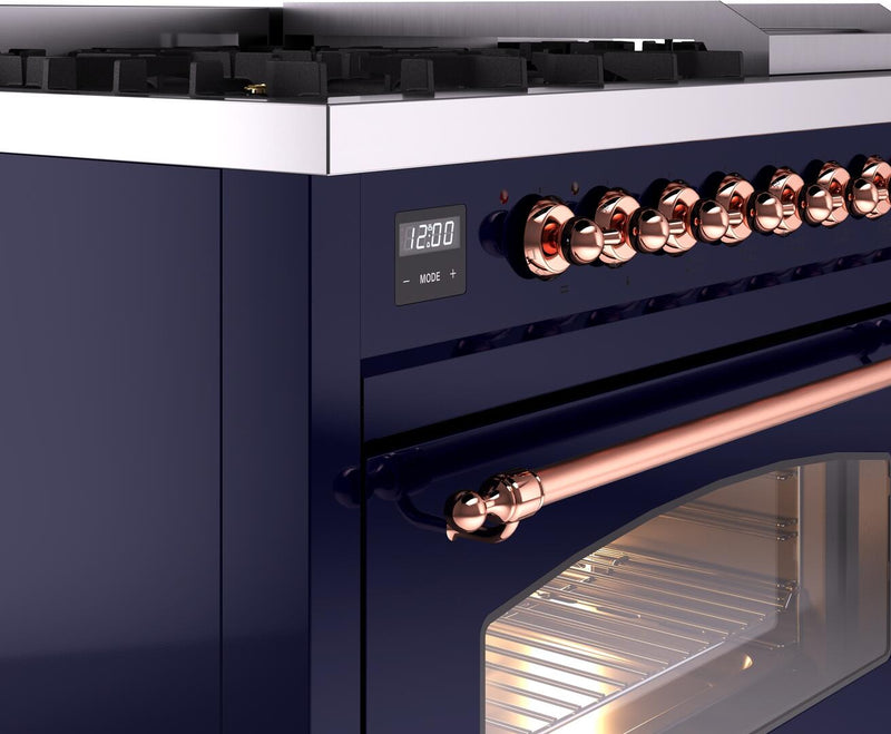 ILVE Nostalgie II 48-Inch Dual Fuel Freestanding Range in Midnight Blue with Copper Trim (UP48FNMPMBP)